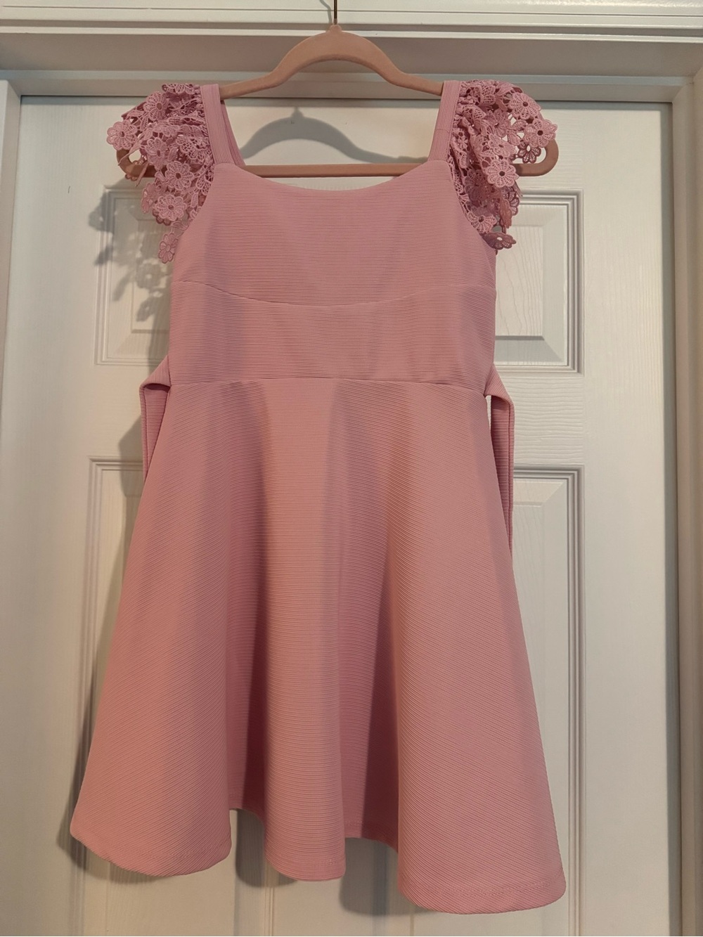 Girls' Pink Lace Sleeve Dress - Comfortable Party Casual Skater Dress